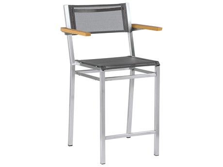 Barlow Tyrie Equinox Counter Stool - Natural Teak Arms - Charcoal Textilene Sling