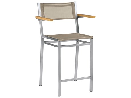Barlow Tyrie Equinox Counter Stool - Natural Teak Arms - Titanium Textilene Sling