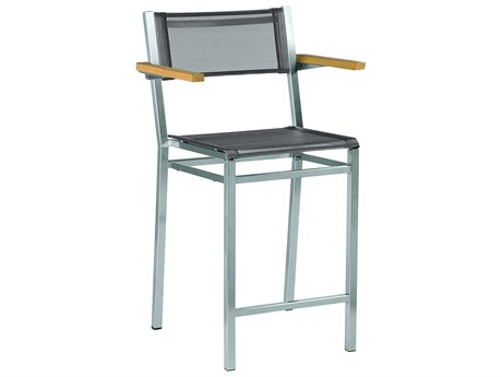 Barlow Tyrie Equinox Counter Stool - Natural Teak Arms - Platinum Textilene Sling