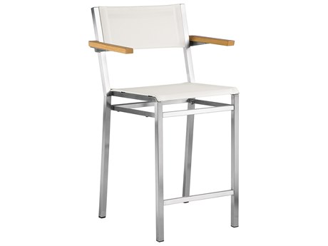 Barlow Tyrie Equinox Counter Stool - Natural Teak Arms - Pearl Textilene Sling