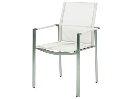 Barlow Tyrie Mercury Dining Arm Chair - Silver Stainless Steel Frame - Pearl Textilene Sling - Arctic White Powder Coated Aluminum Arms