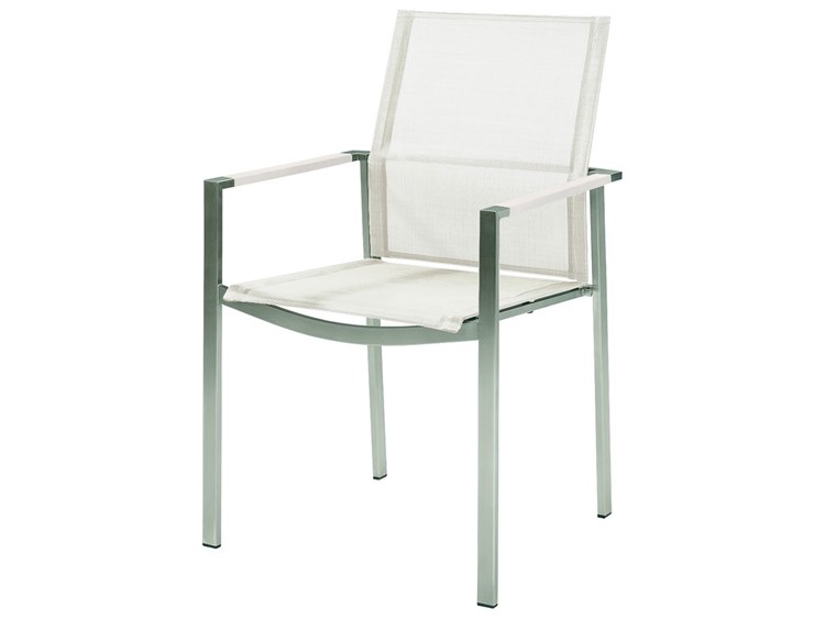 Barlow Tyrie Mercury Dining Arm Chair - Silver Stainless Steel Frame - Pearl Textilene Sling - Arctic White Powder Coated Aluminum Arms