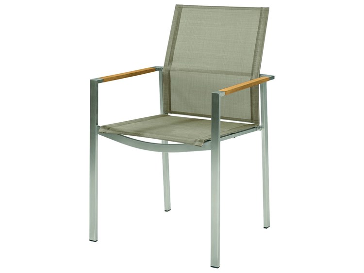 Barlow Tyrie Mercury Dining Arm Chair - Silver Stainless Steel Frame - Titanium Textilene Sling - Natural Teak Arms