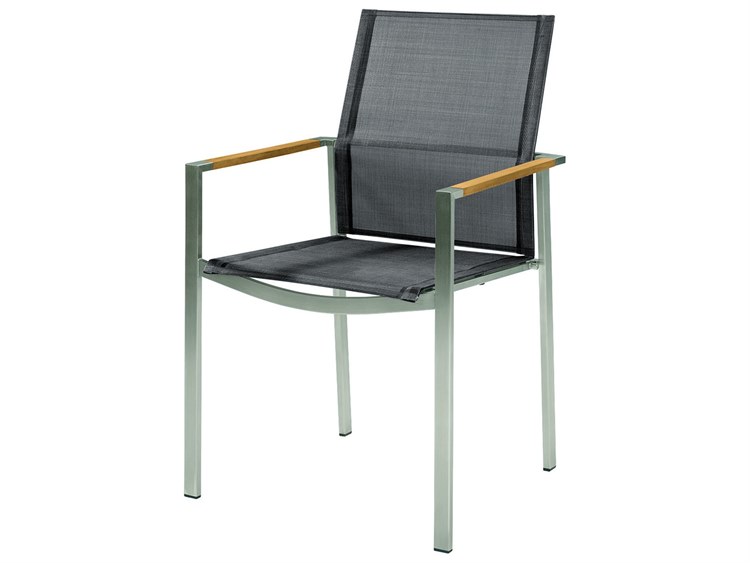 Barlow Tyrie Mercury Dining Arm Chair - Silver Stainless Steel Frame - Platinum Textilene Sling - Natural Teak Arms