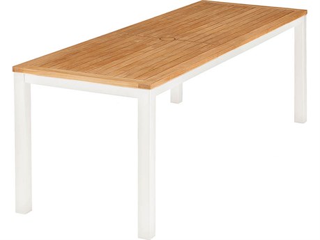 Barlow Tyrie Aura Narrow Dining Table Arctic White Powder-Coated Aluminum Natural Teak 79"W x 28"D x 29"H