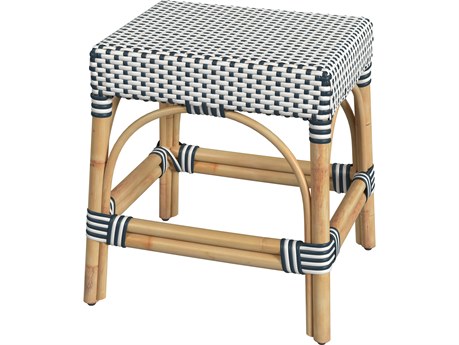 Butler Robias White navy Stripe Natural Rattan Frame Table Stool