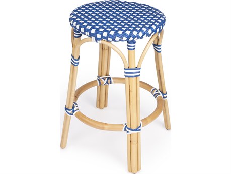 Butler Tobias Blue white Dot Natural Rattan Frame Counter Stool