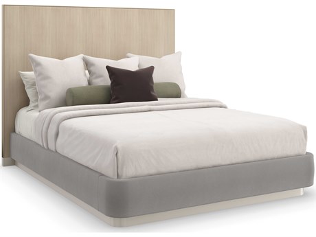 Caracole Classic Dream Chaser Dry Martini Cloud Brushed Gold Natural Poplar Wood Upholstered Queen Platform Bed