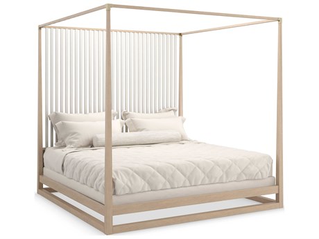 Caracole Classic Pinstripe Light Sun Drenched Oak Almond Milk Wood King Poster Bed