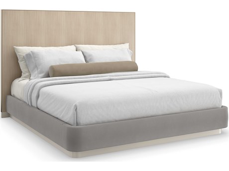 Caracole Classic Dream Chaser Dry Martini Cloud Brushed Gold Natural Poplar Wood Upholstered King Platform Bed
