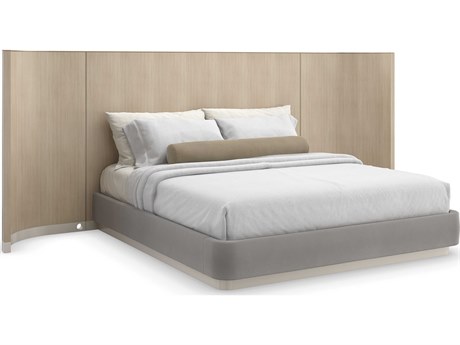 Caracole Classic Dream Chaser with Wings Dry Martini Cloud Brushed Gold Natural Poplar Wood Upholstered King Sleigh Bed