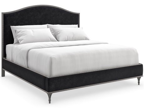 Caracole Fontainebleau Sea Smoke Leaf Black Hardwood Upholstered King Platform Bed