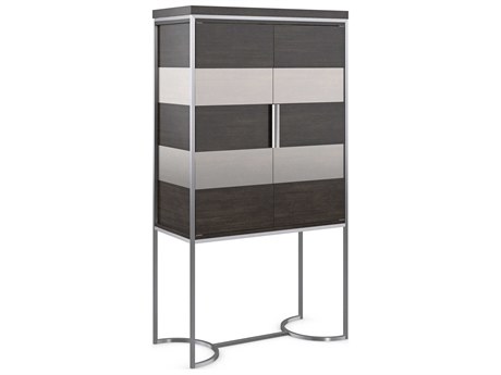 Caracole La Moda Brown Birch Wood Sepia Smoked Stainless Steel Paint Wine Bar Cabinet