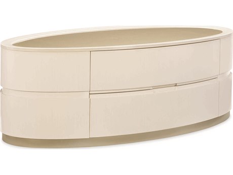 Caracole Adela Oval Glass Washed White Blush Taupe Coffee Table with Drawers