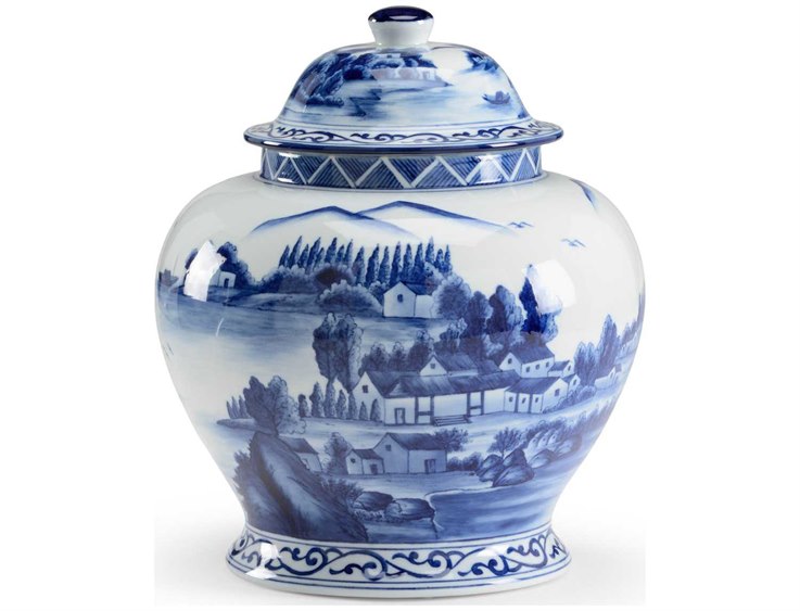 Chelsea House Hand Decorated Blue and White Porcelain Scenic Covered Jar CH382205