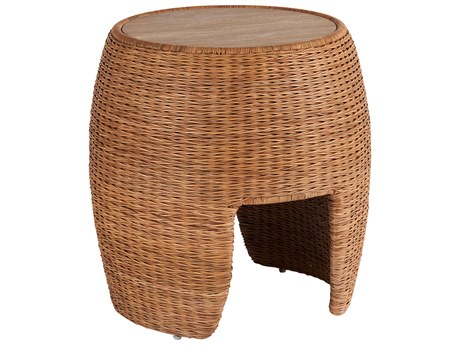 Coastal Living Home Weekender Round Wood Fishbone Weave Rattan End Table