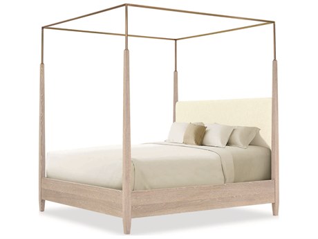 Century Furniture Cadence Sand Cerused Antique Brass Beige Oak Wood King Canopy Bed
