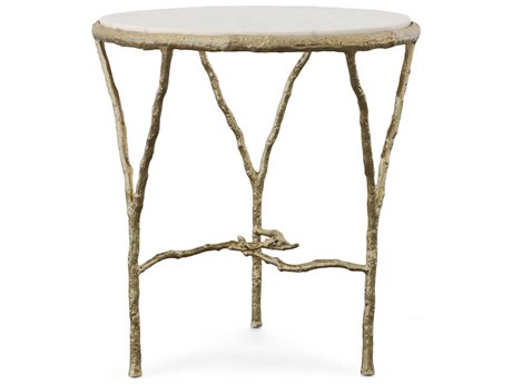 Century Furniture Grand Tour Round Stone White Grey Marble Antique Brass End Table