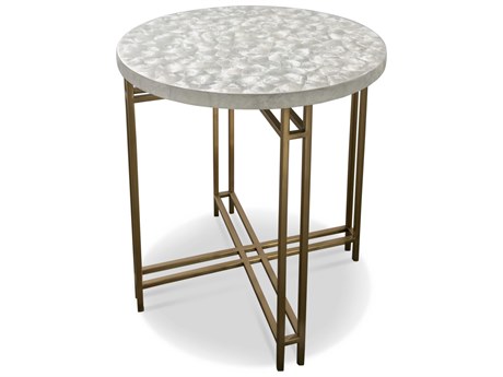 Century Furniture Grand Tour Round White Capiz Shell Antique Brass End Table