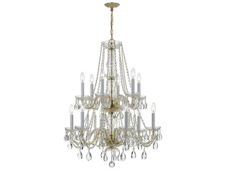 Crystorama Traditional Crystal 12-Light Brass Glass Candelabra Tiered Chandelier