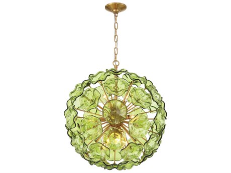 Crystorama Esme 9-Light Aged Brass Green Sputnik Pendant