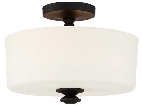 Crystorama Travis 2-Light Black Forged White Glass Drum Semi Flush Mount