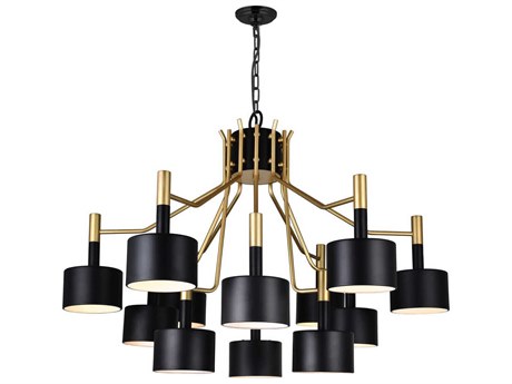 CWI Lighting Corna 12-Light Matte Black Satin Gold Drum Chandelier