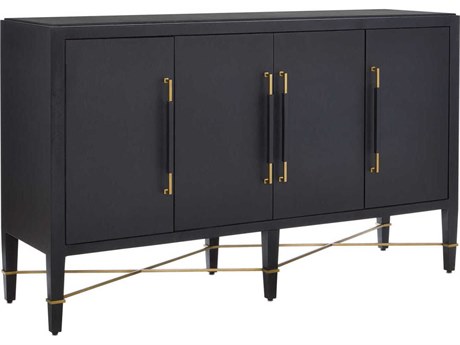 Luxecor Vistas 67" Black Lacquered Linen Champagne Metal Sideboard