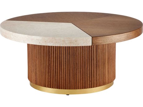 Currey & Company Dakota Round Wood Morel Brown Natural Polished Brass Coffee Table