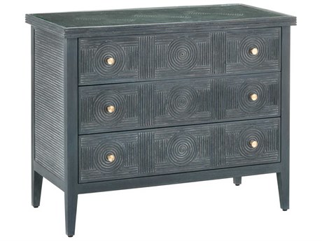Currey & Company Santos 38" Vintage Navy Brass Clear Blue Rattan Accent Chest