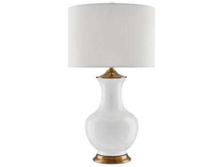 Currey & Company Lilou Edison Bulb Buffet/Table White Antique Brass Buffet Lamp with Off Shantung Shade