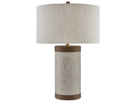 Currey & Company Baptiste Edison Bulb Buffet/Table Ivory Brown Brushed Brass Off White Buffet Lamp with Natural Linen Shade