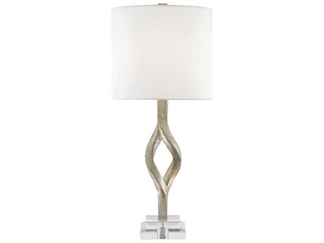 Currey & Company Elyx Edison Bulb Buffet/Table Chinois Silver Leaf Clear Buffet Lamp with Off White Shantung Shade