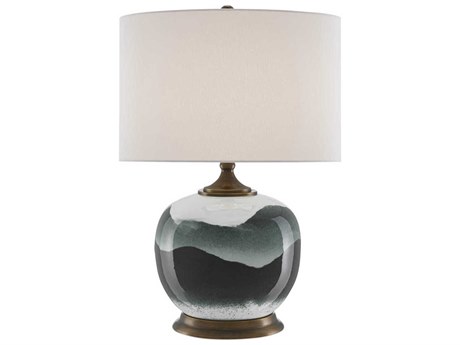 Currey & Company Boreal White Green Antique Brass Edison Bulb Buffet/Table Greentique Buffet Lamp with Linen Shade