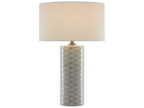 Currey & Company Fisch Gray White Antique Nickel Off Linen Buffet Lamp