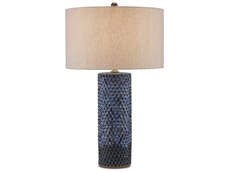 Currey & Company Polka Dot Reactive Blue Polished Brass Natural Linen Buffet Lamp