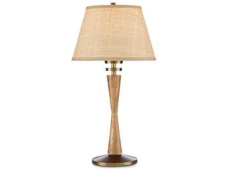 Currey & Company Woodville 1-Light Classic Honey antique Brass Grasscloth Brown Table Lamp