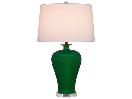 Currey & Company Imperial Green Clear Natural Brass Off White Linen Buffet Lamp