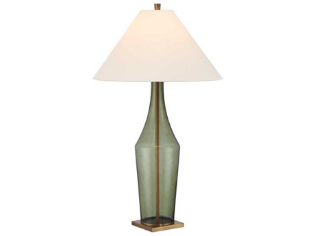 Currey & Company Olive Green Antique Brass Beige Polyester Hardback Rolled Edge Buffet Lamp