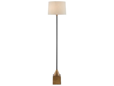 Currey & Company Keeler Antique Brass Black Tan Shantung Floor Lamp