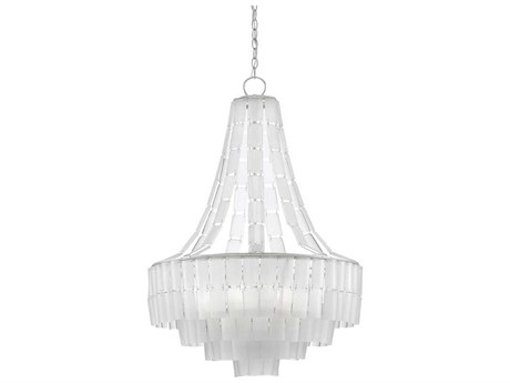 Currey & Company Vintner 7-Light Contemporary Silver Leaf Opaque White Glass Candelabra Globe Tiered Chandelier