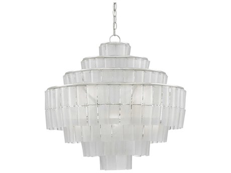 Currey & Company Sommelier Blanc 8-Light Contemporary Silver Leaf Opaque White Globe Tiered Chandelier