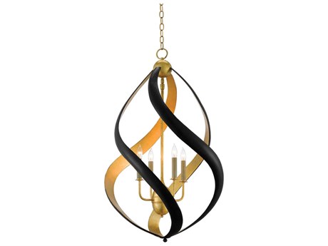 Currey & Company Trephine 4-Light Contemporary Gold Leaf Satin Black Chandelier