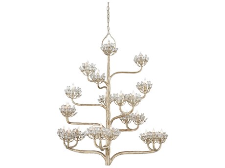 Currey & Company Agave Americana 22-Light Contemporary Silver Leaf Crystal Candelabra Chandelier