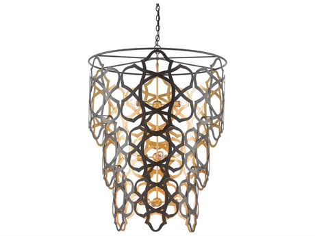 Currey & Company Mauresque 9-Light Bronze Gold Contemporary Leaf Candelabra Geometric Tiered Chandelier