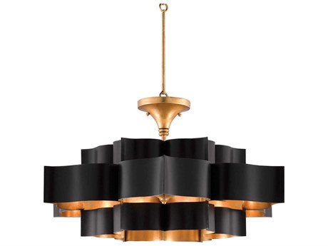 Currey & Company Grand Lotus 6-Light Satin Black Contemporary Gold Leaf Pendant