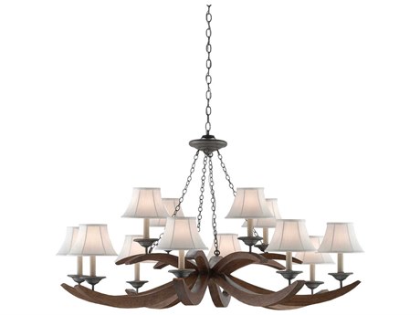 Currey & Company Whitlow 12-Light Burnt Wood Antique Galvanize Brown Candelabra Chandelier