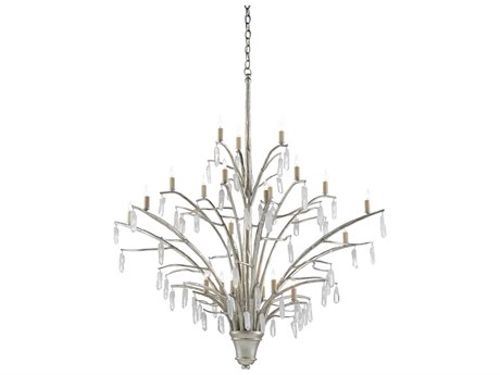 Currey & Company Raux 21-Light Contemporary Silver Leaf Natural Crystal Candelabra Tiered Chandelier