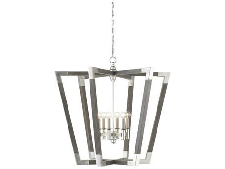 Currey & Company Bastian 6-Light Chateau Gray Contemporary Silver Leaf Candelabra Chandelier