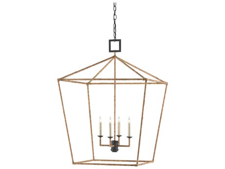 Currey & Company Denison 4-Light Mole Black Natural Rattan Brown Candelabra Chandelier